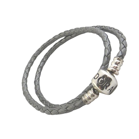 Pandora Braided Leather Silver Grey Charm Bracelet Double Wrap 16.1" - Picture 2 of 3